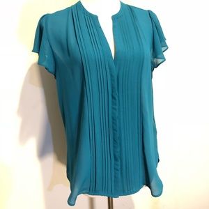 H&M SHEER TEAL FLUTTER SLEEVE BLOUSE
